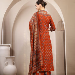 Kimayra Cotton Calf Length Printed 3/4 Sleeve V-Neck A-Line Kurta Suit Set