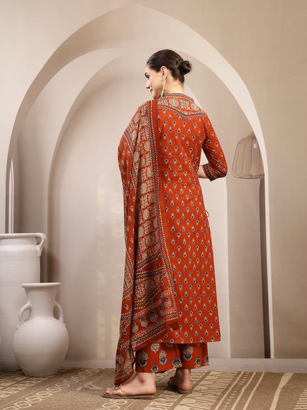 Kimayra Cotton Calf Length Printed 3/4 Sleeve V-Neck A-Line Kurta Suit Set