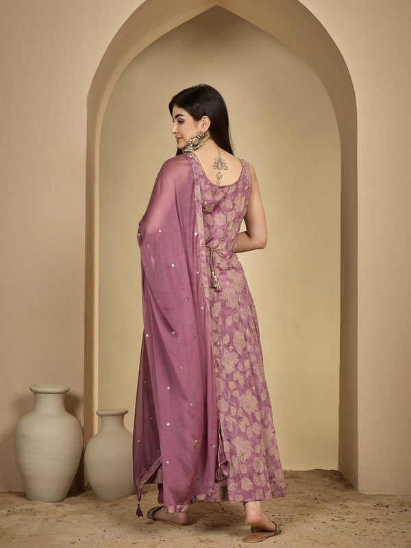 Kimayra Rayon Ankle Length Printed Sleeveless V-Neck Anarkali Kurta Suit Set