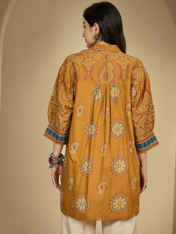 Kimayra Rayon Hip Length Printed 3/4 Sleeve Shirt Collar Flared Top