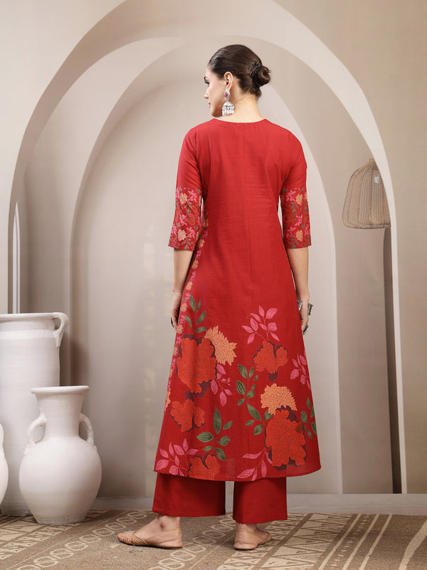 Kimayra Rayon Calf Length Printed 3/4 Sleeve V-Neck A-Line Kurta Suit Set
