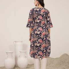 Kimayra  Calf Length Printed 3/4 Sleeve Round Neck Straight Kurta