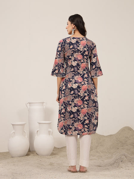 Kimayra  Calf Length Printed 3/4 Sleeve Round Neck Straight Kurta