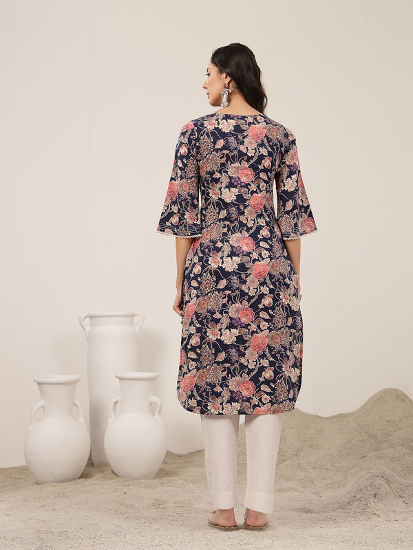 Kimayra  Calf Length Printed 3/4 Sleeve Round Neck Straight Kurta