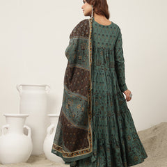 Kimayra Cotton Ankle Length Printed Full Sleeve Key Hole Neck Flared Kurta Suit Set