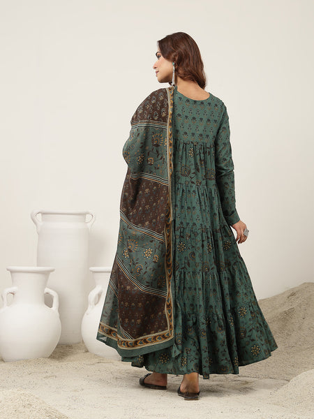Kimayra Cotton Ankle Length Printed Full Sleeve Key Hole Neck Flared Kurta Suit Set