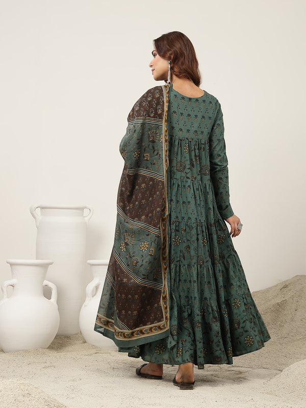 Kimayra Cotton Ankle Length Printed Full Sleeve Key Hole Neck Flared Kurta Suit Set