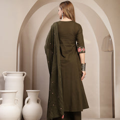 Kimayra Cotton Calf Length Solid 3/4 Sleeve V-Neck Flared Kurta Suit Set