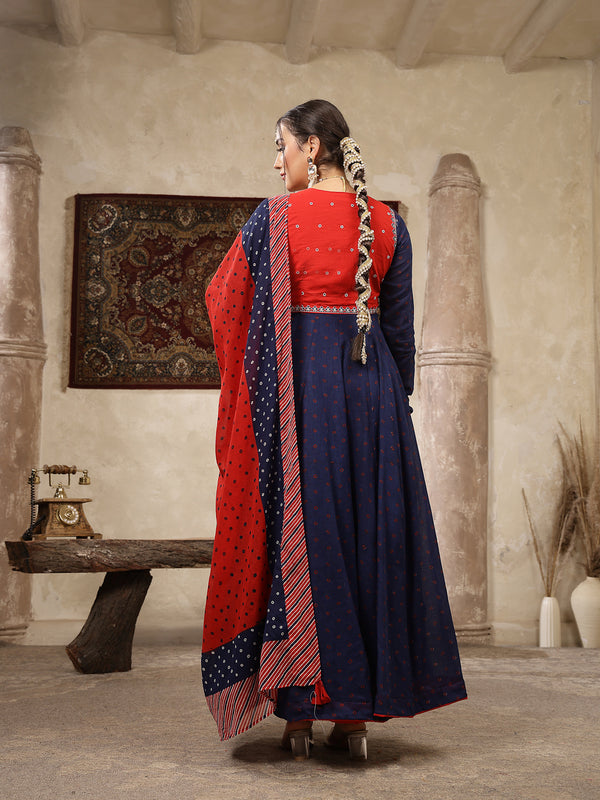 Kimayra Cotton Calf Length Printed Full Sleeves Round Neck Anarkali Kurta Suit Set