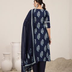 Kimayra Cotton Calf Length Printed 3/4 Sleeve V-Neck Flared Kurta Suit Set