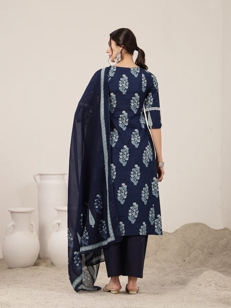 Kimayra Cotton Calf Length Printed 3/4 Sleeve V-Neck Flared Kurta Suit Set