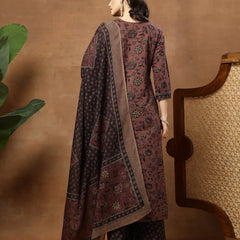 Kimayra Cotton Calf Length Printed 3/4 Sleeve Round Neck Straight Kurta Suit Set