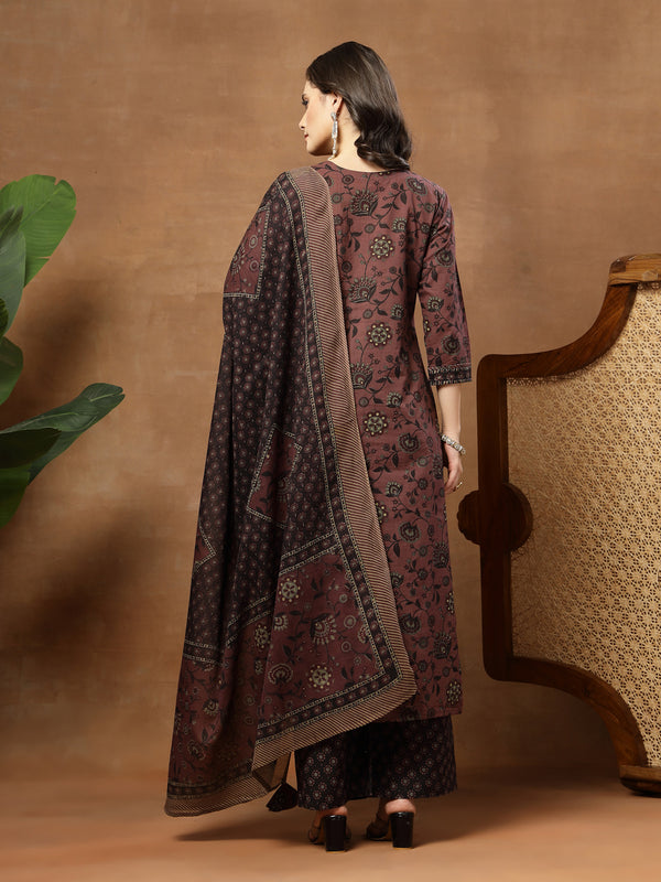 Kimayra Cotton Calf Length Printed 3/4 Sleeve Round Neck Straight Kurta Suit Set