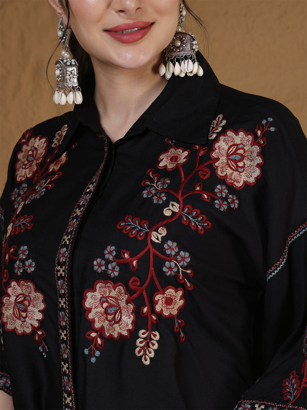 Kimayra Rayon Hip Length Solid 3/4 Sleeves Shirt Collar Flared Top