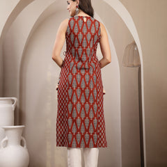 Kimayra Rayon Calf Length Printed Sleeveless Round Neck Straight Kurta