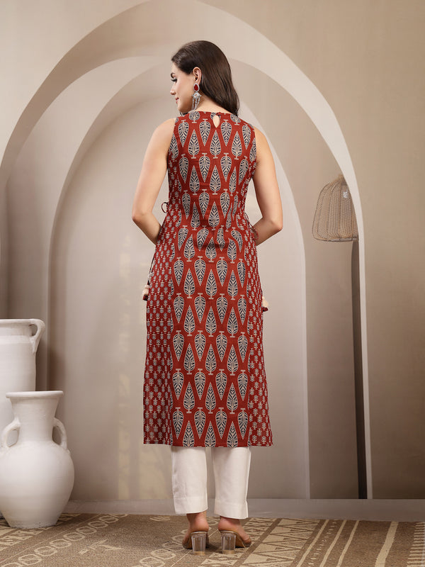Kimayra Rayon Calf Length Printed Sleeveless Round Neck Straight Kurta