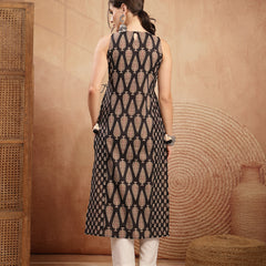 Kimayra Rayon Calf Length Printed Sleeveless Round Neck Straight Kurta
