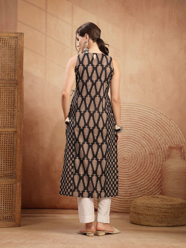 Kimayra Rayon Calf Length Printed Sleeveless Round Neck Straight Kurta