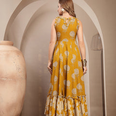 Kimayra Cotton Calf Length Printed Sleeveless Round Neck Flared Dress
