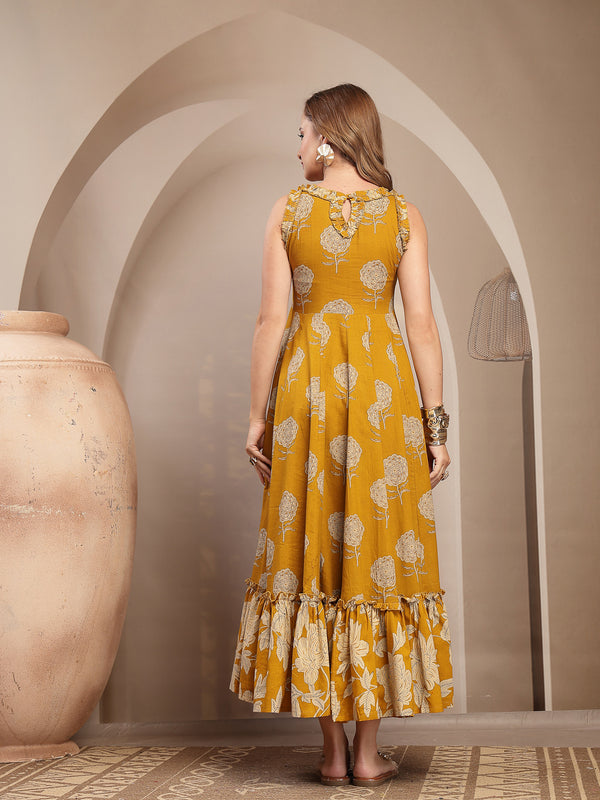Kimayra Cotton Calf Length Printed Sleeveless Round Neck Flared Dress