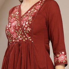 Kimayra Cotton Calf Length Solid 3/4 Sleeve V-Neck Flared Kurta Suit Set