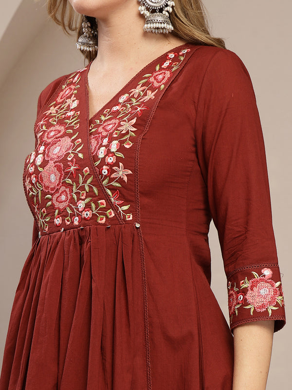Kimayra Cotton Calf Length Solid 3/4 Sleeve V-Neck Flared Kurta Suit Set