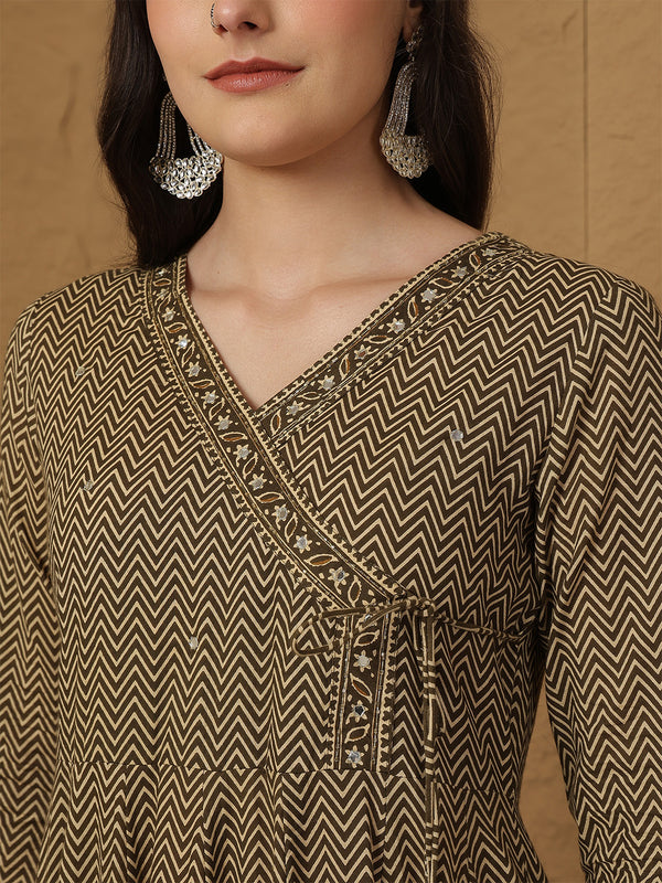 Kimayra Cotton Calf Length Printed 3/4 Sleeves V-Neck Anarkali Kurta Suit Set