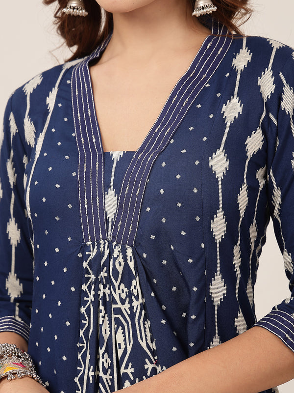 Kimayra Rayon Calf Length Printed 3/4 Sleeve V-Neck Straight Kurta Suit Set