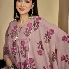 Kimayra Cotton Calf Length Printed 3/4 Sleeve Key Hole Neck Anarkali Kurta Suit Set