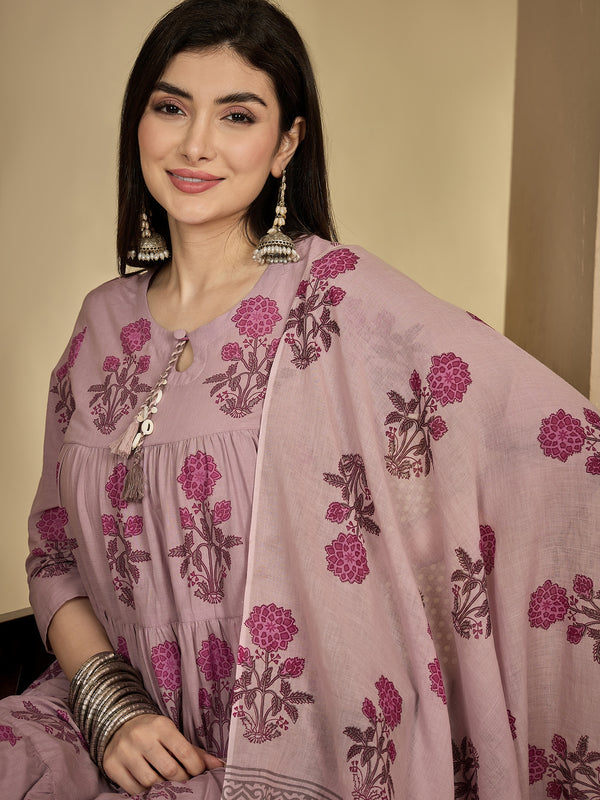 Kimayra Cotton Calf Length Printed 3/4 Sleeve Key Hole Neck Anarkali Kurta Suit Set