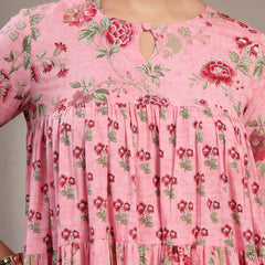 Kimayra Cotton Calf Length Printed 3/4 Sleeve Key Hole Neck Flared Kurta Suit Set