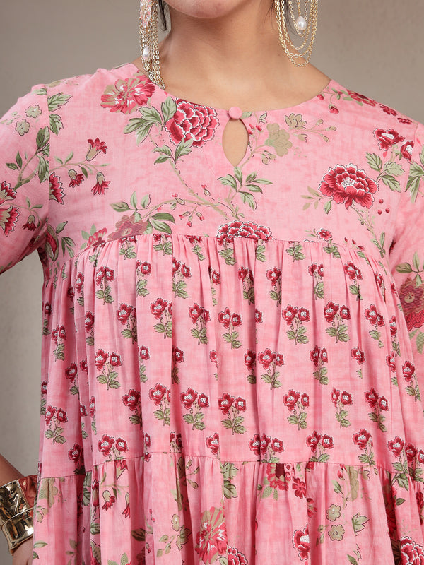 Kimayra Cotton Calf Length Printed 3/4 Sleeve Key Hole Neck Flared Kurta Suit Set