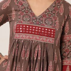 Kimayra Cotton Calf Length Printed 3/4 Sleeve V-Neck Flared Kurta Suit Set