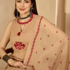 Kimayra Cotton Calf Length Printed Sleeveless Round Neck Straight Kurta Suit Set