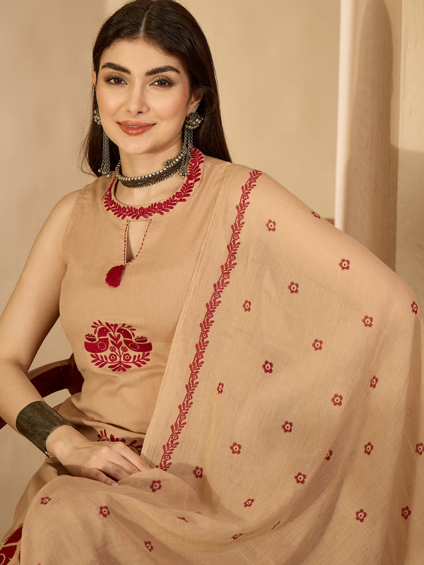 Kimayra Cotton Calf Length Printed Sleeveless Round Neck Straight Kurta Suit Set