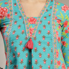 Kimayra Cotton Calf Length Printed 3/4 Sleeve V-Neck Flared Kurta Suit Set