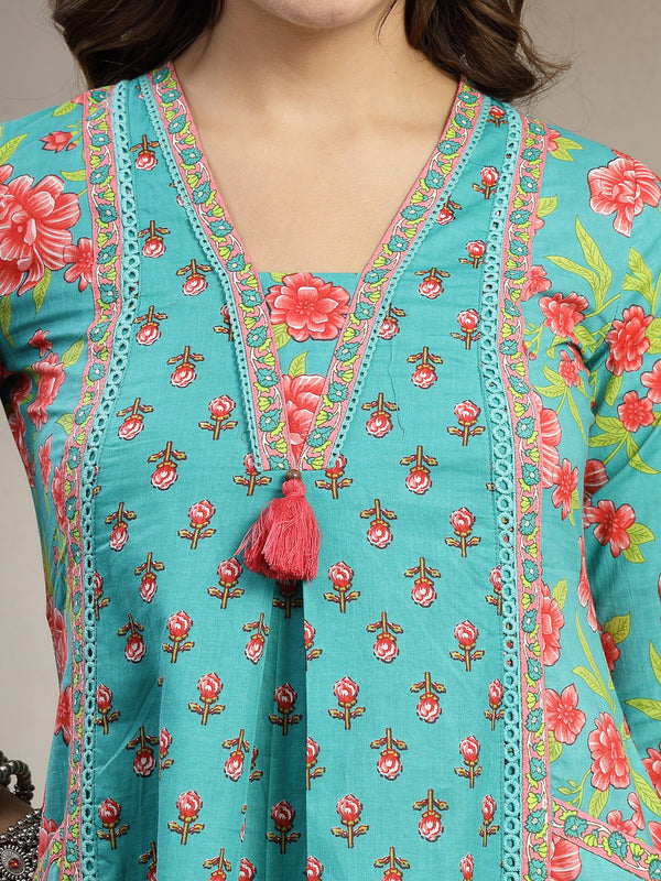 Kimayra Cotton Calf Length Printed 3/4 Sleeve V-Neck Flared Kurta Suit Set