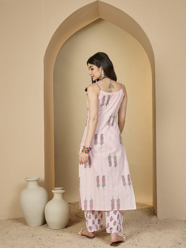 Kimayra Rayon Calf Length Printed Sleeveless Strappy Straight Kurta Suit Set