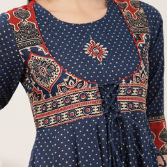 Kimayra Cotton Calf Length Printed 3/4 Sleeve Round Neck Flared Kurta Suit Set