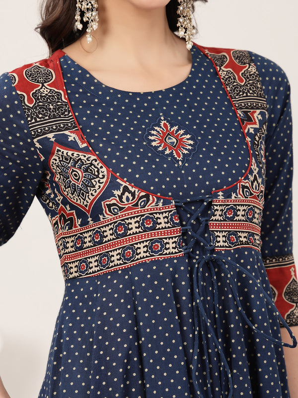Kimayra Cotton Calf Length Printed 3/4 Sleeve Round Neck Flared Kurta Suit Set