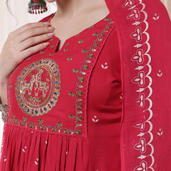 Kimayra Rayon Calf Length Printed 3/4 Sleeves Round Neck Flared Kurta Suit Set