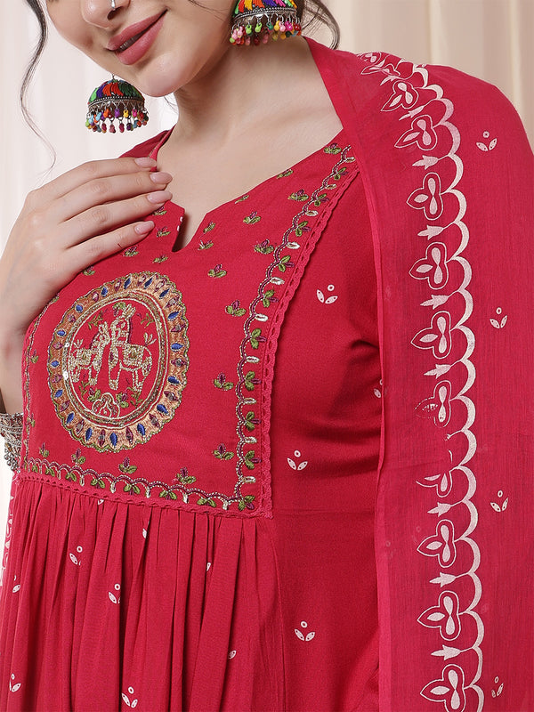 Kimayra Rayon Calf Length Printed 3/4 Sleeves Round Neck Flared Kurta Suit Set