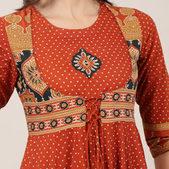 Kimayra Cotton Calf Length Printed 3/4 Sleeve Round Neck Flared Kurta Suit Set