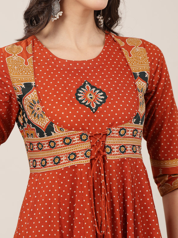 Kimayra Cotton Calf Length Printed 3/4 Sleeve Round Neck Flared Kurta Suit Set