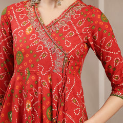 Kimayra Cotton Calf Length Printed 3/4 Sleeve Angrakha Flared Kurta Suit Set