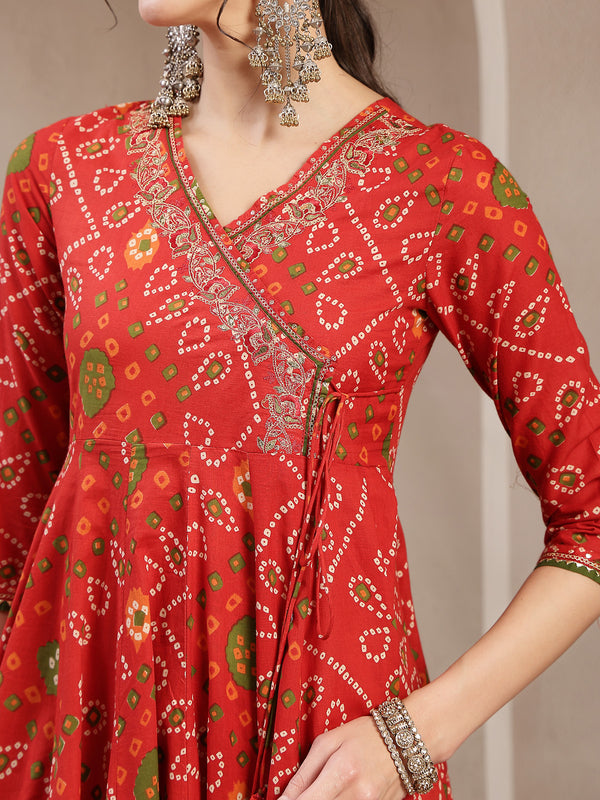 Kimayra Cotton Calf Length Printed 3/4 Sleeve Angrakha Flared Kurta Suit Set