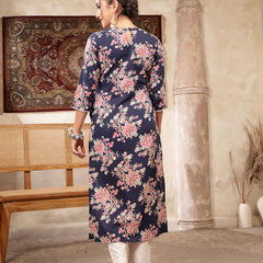 Kimayra Rayon Calf Length Printed 3/4 Sleeve Round Neck Straight Kurta