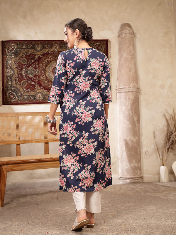 Kimayra Rayon Calf Length Printed 3/4 Sleeve Round Neck Straight Kurta