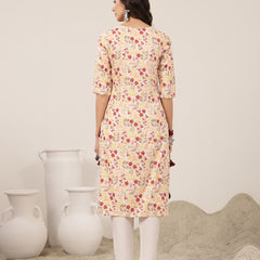 Kimayra Rayon Calf Length Printed 3/4 Sleeve Round Neck Straight Kurta