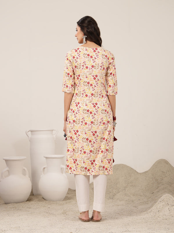 Kimayra Rayon Calf Length Printed 3/4 Sleeve Round Neck Straight Kurta